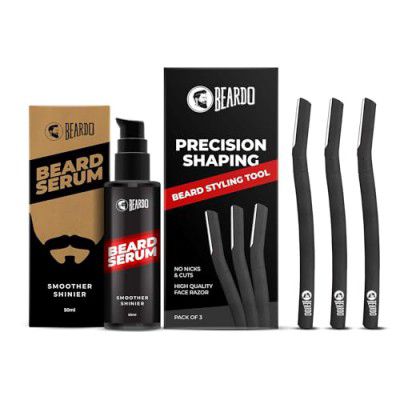 Beard Serum 50ml & Styling Tool for Men | Softens and Smoothens Rough Beard | Gives Healthy look to Beard | Shiny and Nourished Beard | Reusable Razor | Sharp, Safe & Precise Shaping Razor for Men- Se
