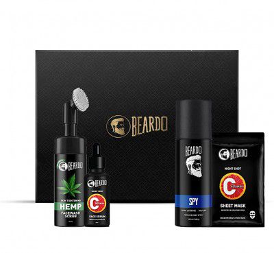 Beardo Face Care with Perfume and Gift Box (SPY Perfume,Vit Face Serum,Vit Sheet Mask,Hemp Face Scrub)