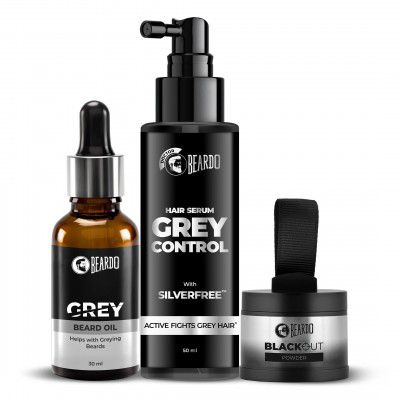 Beardo Grey Fix Kit for Men | Anti-Grey Hair Serum, Beard Oil & Blackout Powder | Kit for Men-Set of 3