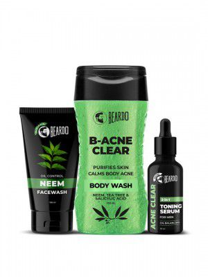 BEARDO Men Oil Control Neem Facewash 100ml+ B-Acne Clear Bodywash 200ml+ Toning Serum 30ml