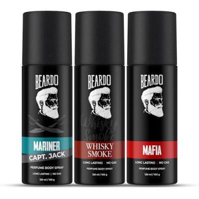 Beardo Whiskey Smoke, Mafia & Mariner Captain Jack Perfume Body Spray Deo For Men (Set Of 3) | Woody Fresh Scent | Deodorant | Fragrance|