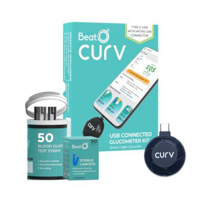 BeatO CURV Smartphone Connected Glucometer | Sugar Testing Machine | Free 50 Glucometer Strips & 50 Glucometer Lancets | Type-C USB Connector | Simple & Accurate Glucometer for Home | ISO Certified