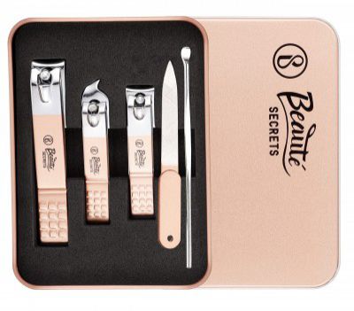 Beauté Secrets Nail Clippers - 5 Pcs Set Toenail Clipper, Fingernail Clipper & Nail File, Ear Cleaner, Nail Cutter Set with Metal Gift Tin Box for Men Women, Pink