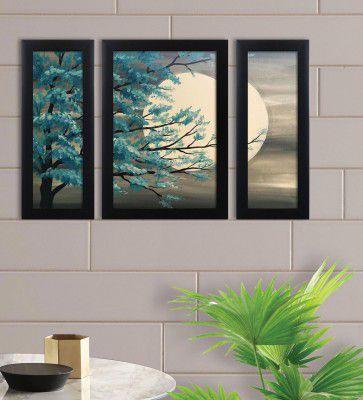 Beautiful Night Black Synthetic Wood Framed Floral Art Panel Set of 3