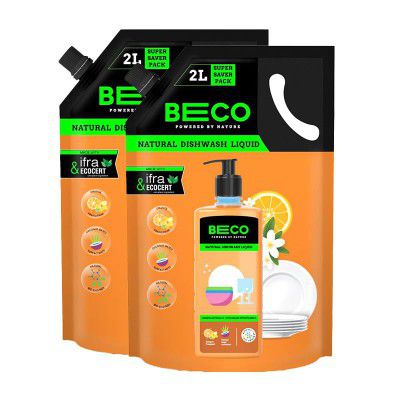 Beco Natural Dishwash Liquid - 2 Litres Refill | Pack of 2 | Orange Citrus Freshness | 100% Ecofriendly | Tough Grease removal Antibac formula | Leaves No residue