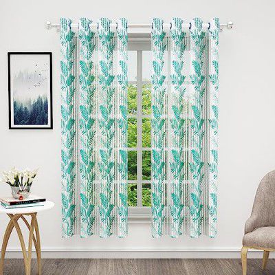 BEDSPUN Sheer Window Curtains Home Curtains for Window Designer Curtains for Living Room |Leaf| Teal & White |Polyester, Pack of 1