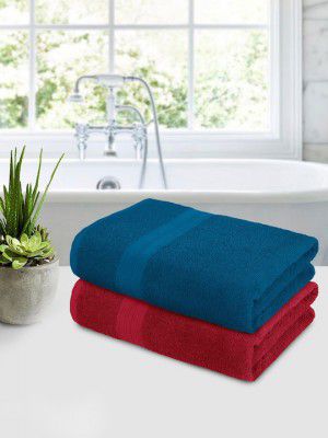 Bedspun Pack Of 2 Blue & Burgundy Solid 350 GSM Terry Cotton Bath Towels