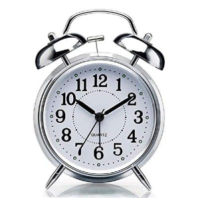 Bees Gift Brass Vintage Twin Bell Table Top Alarm Clock with Night Led Light Display Alarm Clock for Bedroom Heavy Sleepers Kids and Students (Silver).