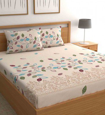 Beige Floral Leafy Bohemya 160 TC Microfiber Queen Sized Bedsheet with 2 Pillow Covers