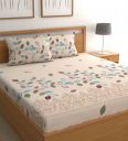 Beige Floral Leafy Bohemya 160 TC Microfiber Queen Sized Bedsheet with 2 Pillow Covers...