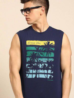 BEING HUMAN Men Printed Round Neck Cotton Blend Navy Blue T-Shirt