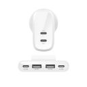 Belkin 60W (30w + 30W) Dual USB-C PPS Fast Charging Wall Charger/Adapter with 4-Port (2 USB-C & 2 USB-A) 2 Meter Power Extender for iPhone 15, 14, 13, 12, iPad & Other USB-C suported Devices - White...