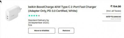 belkin BoostCharge 40W Type C 2-Port Fast Charger (Adapter Only, PD 3.0 Certified, White)