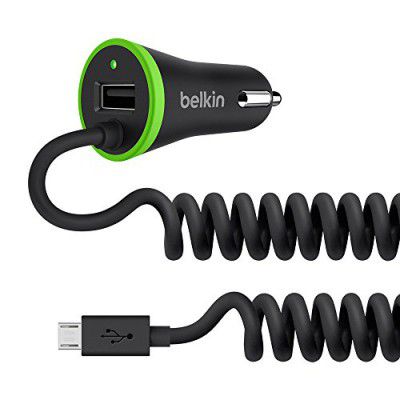 Belkin USB-A with Coiled Micro USB Cable (4 Foot) Car Charger Adapter Black