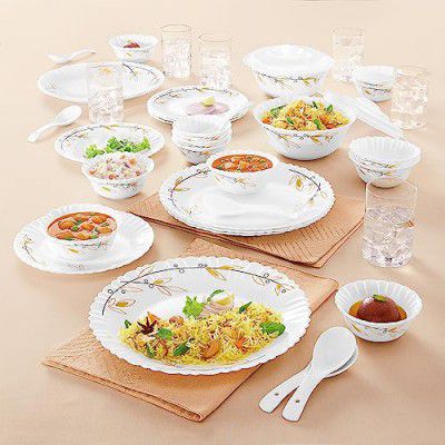 Larah By Borosil Bella Silk Series Opalware Dinner Set with Glasses, 40 Pieces for Family of 6, Microwave & Dishwasher Safe, Bone-Ash Free, Crockery Set for Dining & Gifting, Plates & Bowls, White