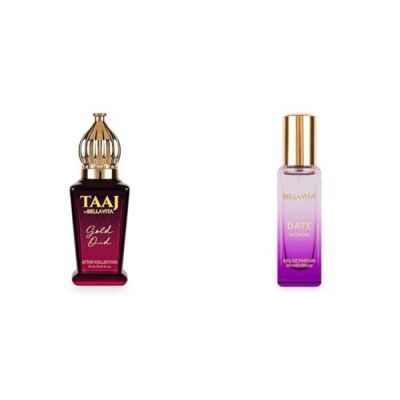 Bella Vita Luxury TAAJ Gold Oud Attar with Caramel Rose Jasmine & Orris and Women Non-Alcoholic Roll On Long Lasting Fragrance 12 ML Date Woman Eau De Parfum