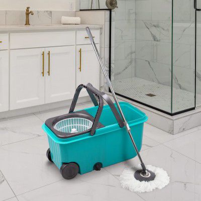 Bellavie Dual Mop Bucket with Wheels, Microfiber Mop with 2 Refills, Self-Wringing 360° Spinner, Turquoise Blue (Wheel Mop - Plastic Wringer)