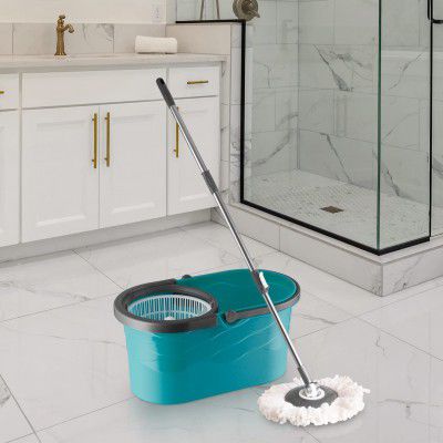 Bellavie Wave Mop Bucket, Microfiber Mop with 1 Refill, Self-Wringing 360° Spinner, Turquoise Blue