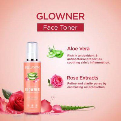 BELLAVITA Glowner Rose Water Toner for Face - 200 ml Glowing Skin, Hydrating & Moisturizing