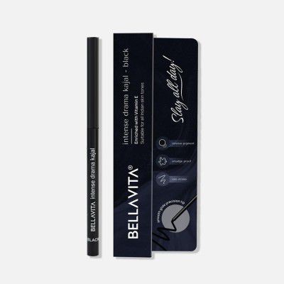 BELLAVITA Intense Drama Kajal, Black, Intense Pigment, Smudge-Proof, Long Lasting, Enriched with Vitamin E & Almond Oil, Glossy, 0.3 g