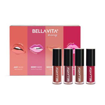 BELLAVITA Mini Kiss Proof Liquid Lipsticks Set of 4 | Gift Box Smudge & Transfer-Proof|Intense Moisturisation | Just Nude + Berry Nude + Mocha Madness + Cherry Pop | Lipsticks for Women | 2 ml each