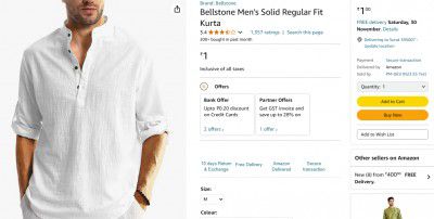 Bellstone Men's Solid Regular Fit Kurta
