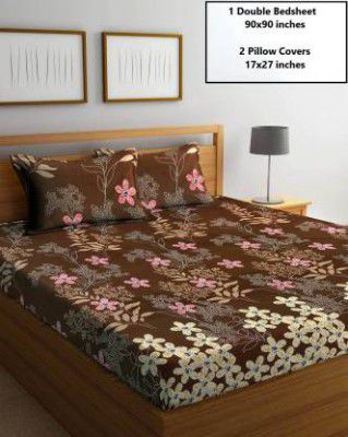BELVOSTUM 144 TC Cotton Double Printed Flat Bedsheet  (Pack of 1, Brown Flower)