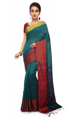 Bengal Handloom Traditional Handloom Plain SiCo Beige Colour check Ghicha Saree