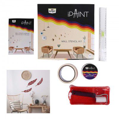 Berger iPaint DIY Wall Feather Stencil Painting Kit (2 Foam Roller, Painting Tray, 200 ml Silk Glamor Paint Raging Red, Stencil Set, Masking Tape, Leveller Scale, DOU Booklet)- Multicolor
