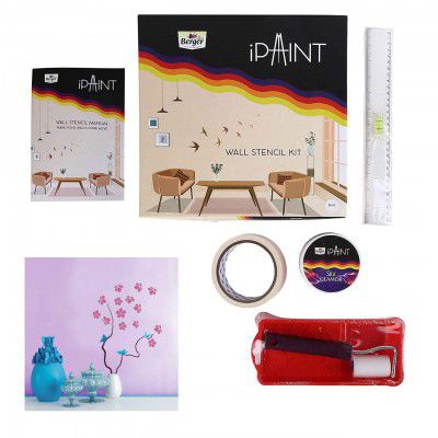 Berger iPaint DIY Wall Flora Stencil Painting Kit (2 Foam Roller, Painting Tray, 200 ml Silk Glamor Paint Tight Embrace, Stencil Set, Masking Tape, Leveller Scale, DOU Booklet)- Multicolor