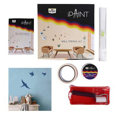 Berger iPaint DIY Wall Stencil Painting Kit Birdie Design (2 Foam Roller, Painting Tray, 200 ml Silk Glamor Paint Blue Laser, Stencil Set, Masking Tape, Leveller Scale, DOU Booklet)- Multicolor