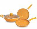 BERGNER Aluminium Jazz Non Stick Cookware Set 4Pc-Kadhai with Glass Lid 24Cm, Dosa Tawa 28Cm, Frypan 24Cm with Induction Compatible, Soft Touch Handles, Pfoa Free, Yellow...