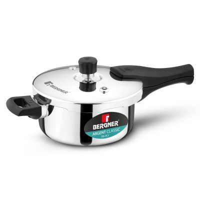 Bergner Argent Classic Triply Stainless Steel 3.5 Liters Outer Lid Pressure Pan, Triply Cooker with Resettable Safety Valve, Sturdy Handle - Induction and Gas Stove Ready