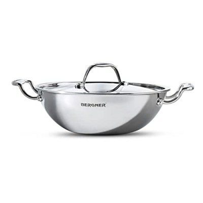 Bergner Argent TriPly Stainless Steel 22 cm Kadai with Stainless Steel Lid, 2 L Kadhai