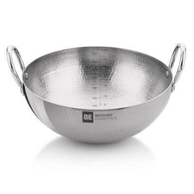 BERGNER BE Essentials 32 cm Hammered Kadai, 6.5 L Kadhai Without Lid, Thickness 2.2 mm, Silver