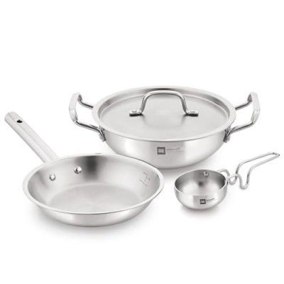 Bergner BE Essentials TriPly 4 Pcs Cookware Set, 22 cm/2 L Kadai, 22 cm/1.1 L Fry Pan, 10 cm Tadka Pan, 1 Stainless Steel Lid, 5-Year Warranty