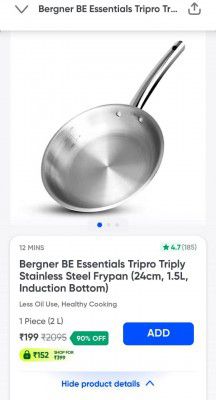 Swiggy Loot: Bergner BE Essentials Tripro Triply Stainless Steel Frypan (24cm, 1.5L, Induction Bottom)