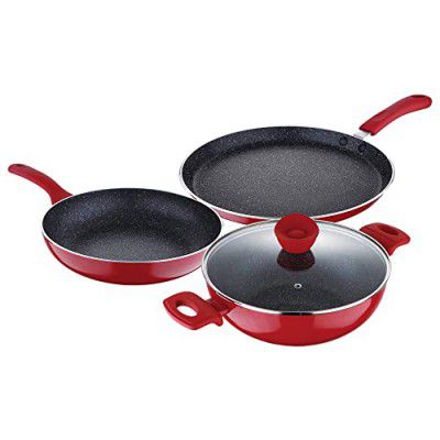 Bergner Bellini Plus 5 Layer Marble Non-Stick Cookware Set 4Pc-Kadhai with Glass Lid 2.6L, Dosa Tawa 28cm, Frypan 24cm 1.8 L Induction Base