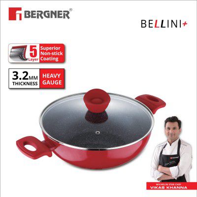 BERGNER Bellini Plus Press Aluminium Kadai with Glass Lid, 28 Cm Induction Base, Red