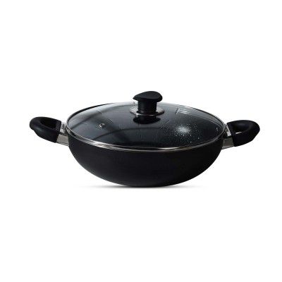 BERGNER Essential Plus 5-Layer Non-Stick 20cm Kadai with Glass Lid, 2.3 L Kadhai, Consumes Less Oil