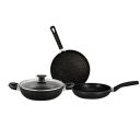 Bergner Essential Plus Non-Stick 4Pc-Cookware Set (Kadhai with Glass Lid 2.6 L, Dosa Tawa 28cm, Fry Pan 24cm) Induction Compatible, Bakelite Handles, PFOA Free, Black...