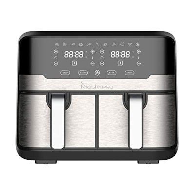 BERGNER Master Pro Multifunctional Dual Air Fryer - Bake, Grill, Roast, Heat, Defrost, 9L, 1700W, Led Display With Touchscreen, 11 Customizable Programs, With Accessories, Silver, 4.5 Liter