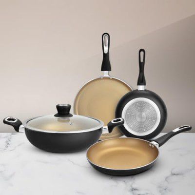 Bergner Optimum 3-Layer Non-Stick 5 Pcs Cookware Set - 28cm Tawa, 18cm Frypan, 24cm Frypan, 24cm (2.5 L) (Black)