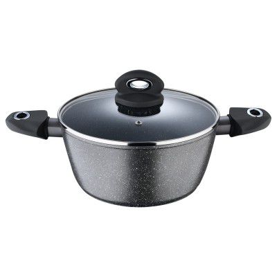 Bergner Orion Marble Non Stick Casserole / Briyani Pot with Glass Lid 24 cm, Induction Base, Thickness 3mm, Grey