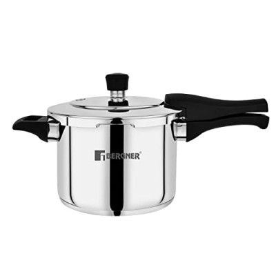 Bergner Pura Stainless Steel 2 L Pressure Cooker, Outer Lid Cooker, Triply Bottom, For Healthy Cooking, Mirror Finish, Easy To Clean, Induction Bottom and Gas Ready - Silver