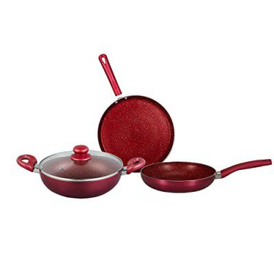 Bergner Sherry Non-Stick 4 Pcs Cookware Set - 24cm (2.5 L) Kadai, 24cm Frypan and 28cm Tawa - Induction Bottom, Diwali/Anniversary Gifting (Cherry)