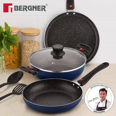 BERGNER Sherry Plus 5-Layer 6 Pcs Non-Stick Cookware Set with Detachable Handle - Induction Bottom Non-Stick Coated Cookware Set (Aluminium, 6 - Piece)