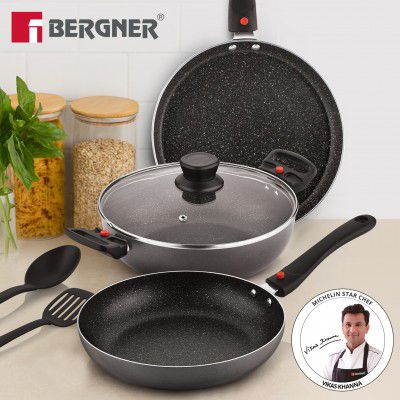 BERGNER Sherry Plus 5-Layer Non-Stick Cookware Set 6 Pcs with Detachable Handle - Induction Bottom Non-Stick Coated Cookware Set (Aluminium, 6 - Piece)