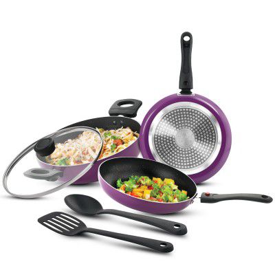 Bergner Sherry Plus Non-Stick 6 pcs Cookware Set - Set of 24cm (2.5L) Kadai with Glass Lid,