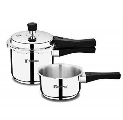 Bergner Sorrento Stainless Steel Outer Lid Pressure Cooker Combo - 2 Litre and 3 Litre Cooker, Triply Base